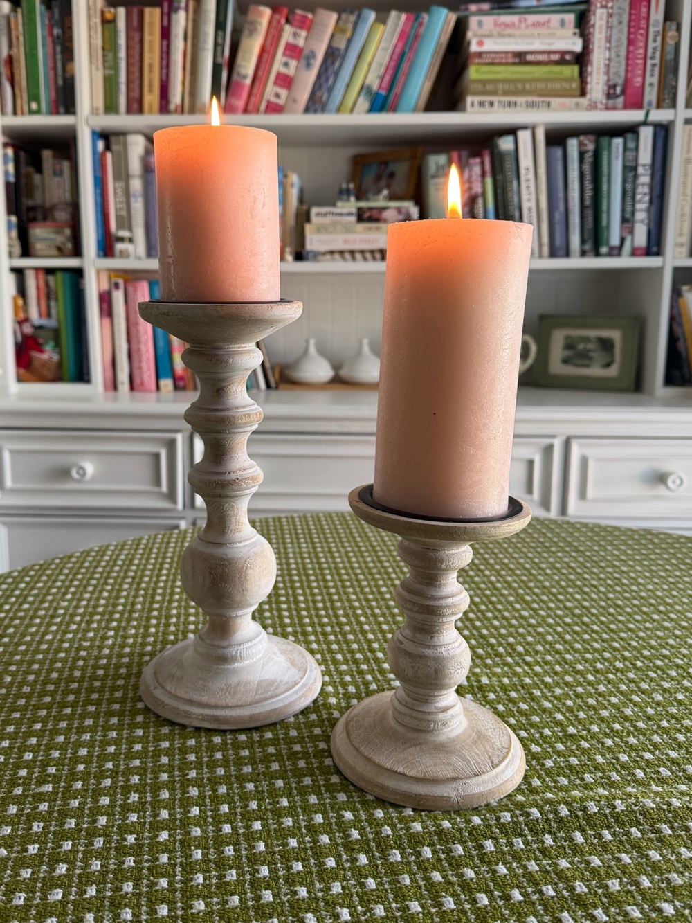 Pair of Whitewashed Wooden Pillar Candle Holders -Farmhouse 6” and 10”